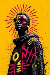 Midjourney generated image using SREF code Glyphfizz: A man wearing sunglasses standing in front of a yellow background.