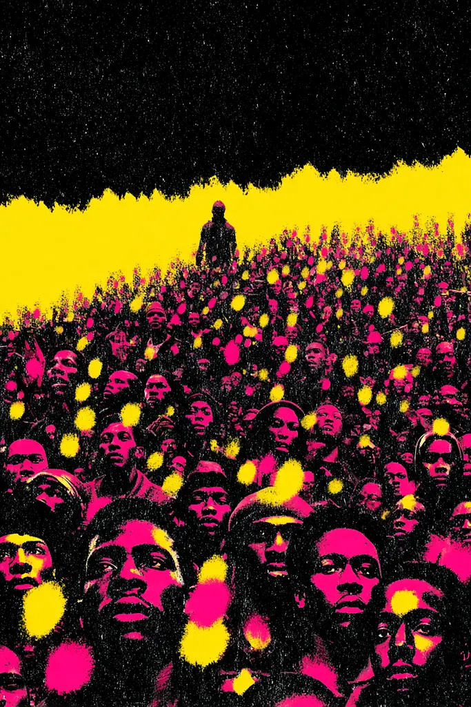 Midjourney generated image using SREF code Glyphfizz: A large crowd of people standing in front of a black background.