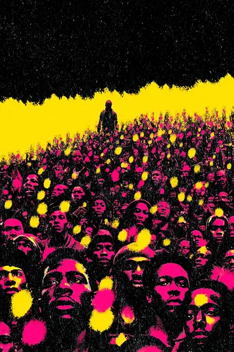 Midjourney generated image using SREF code Glyphfizz: A large crowd of people standing in front of a black background.