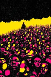 Midjourney generated image using SREF code Glyphfizz: A large crowd of people standing in front of a black background.