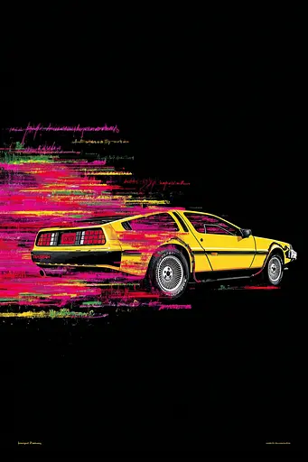 Midjourney generated image using SREF code Glyphfizz: A yellow car is shown on a black background.