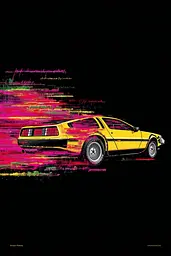 Midjourney generated image using SREF code Glyphfizz: A yellow car is shown on a black background.