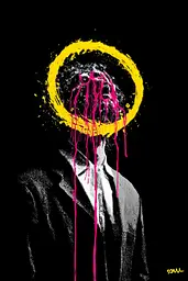 Midjourney generated image using SREF code Glyphfizz: A man in a suit with a halo on his head.