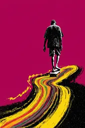 Midjourney generated image using SREF code Glyphfizz: A man riding a skateboard down a colorful road.
