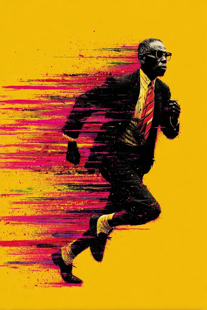 Midjourney generated image using SREF code Glyphfizz: A man in a suit and tie running on a yellow background.
