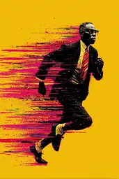 Midjourney generated image using SREF code Glyphfizz: A man in a suit and tie running on a yellow background.