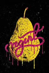Midjourney generated image using SREF code Glyphfizz: A yellow pear with pink paint drips on it.