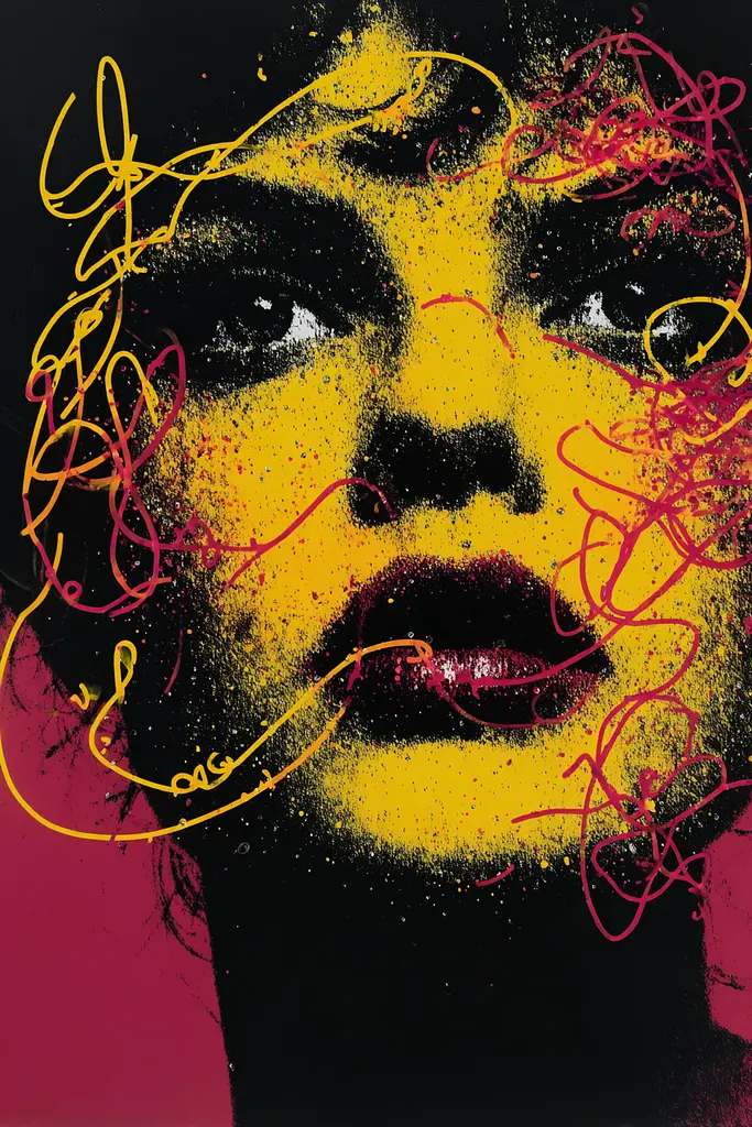 Midjourney generated image using SREF code Glyphfizz: A painting of a woman's face with yellow and red paint splatters.