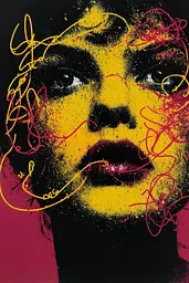 Midjourney generated image using SREF code Glyphfizz: A painting of a woman's face with yellow and red paint splatters.
