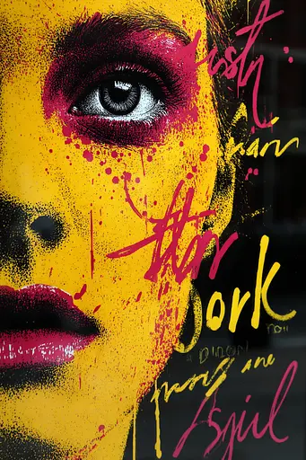 Midjourney generated image using SREF code Glyphfizz: A poster of a woman's face with red and yellow paint splatters on it.