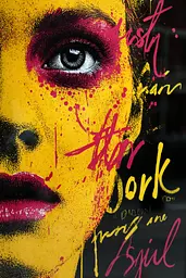 Midjourney generated image using SREF code Glyphfizz: A poster of a woman's face with red and yellow paint splatters on it.