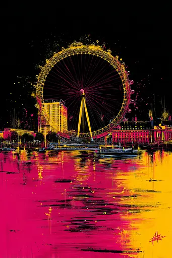 Midjourney generated image using SREF code Glyphfizz: A painting of a ferris wheel in the middle of a city.