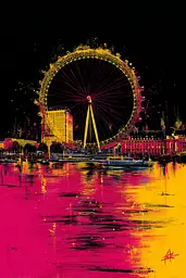 Midjourney generated image using SREF code Glyphfizz: A painting of a ferris wheel in the middle of a city.