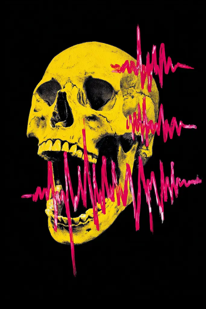 Midjourney generated image using SREF code Glyphfizz: A yellow skull with red and pink lines on it.
