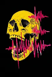 Midjourney generated image using SREF code Glyphfizz: A yellow skull with red and pink lines on it.