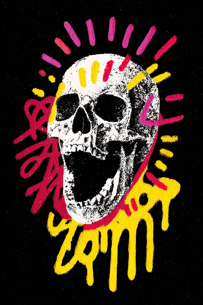 Midjourney generated image using SREF code Glyphfizz: A drawing of a screaming skull on a black background.