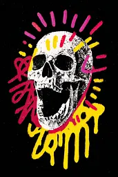 Midjourney generated image using SREF code Glyphfizz: A drawing of a screaming skull on a black background.