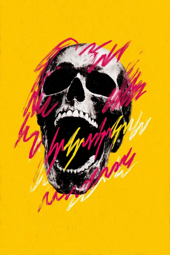 Midjourney generated image using SREF code Glyphfizz: A skull with a smile on its face on a yellow background.