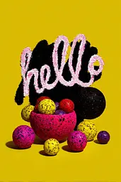 Midjourney generated image using SREF code Glyphfizz: A bowl filled with colorful balls sitting on top of a yellow surface.