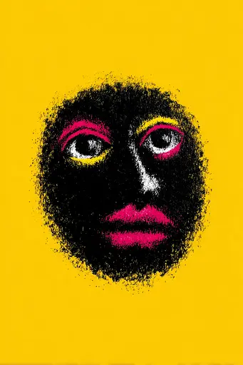 Midjourney generated image using SREF code Glyphfizz: A yellow background with a black and pink face.