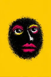 Midjourney generated image using SREF code Glyphfizz: A yellow background with a black and pink face.
