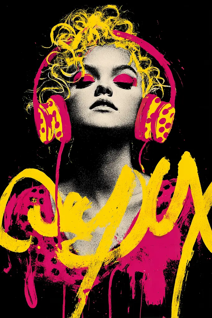 Midjourney generated image using SREF code Glyphfizz: A woman with headphones on her head with the word "Ceux" written on it.