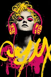 Midjourney generated image using SREF code Glyphfizz: A woman with headphones on her head with the word "Ceux" written on it.