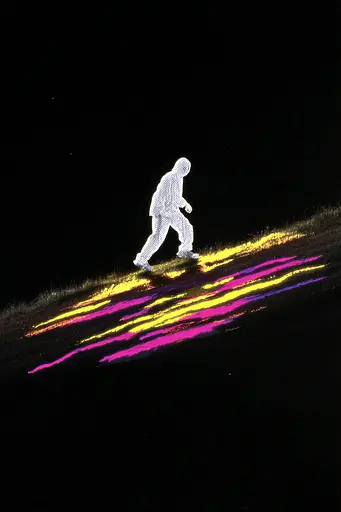 Midjourney generated image using SREF code Glyphfizz: A person walking on a grassy hill at night. 