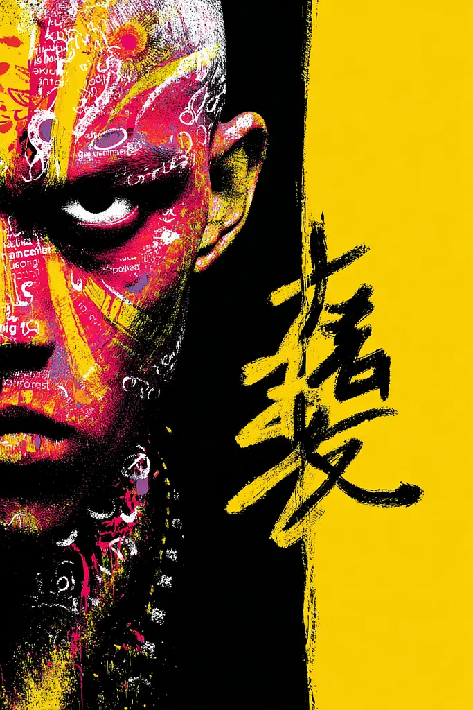 Midjourney generated image using SREF code Glyphfizz: A man with a face painted in bright colors.