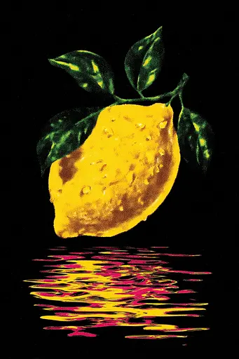 Midjourney generated image using SREF code Glyphfizz: A yellow lemon with green leaves on a black background.