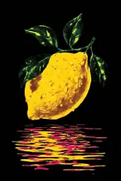 Midjourney generated image using SREF code Glyphfizz: A yellow lemon with green leaves on a black background.