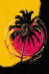 Midjourney generated image using SREF code Glyphfizz: A palm tree is silhouetted against a bright yellow background.