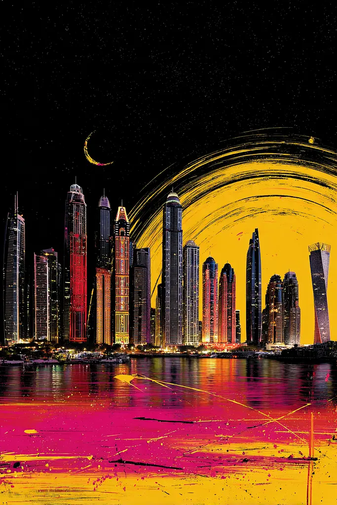 Midjourney generated image using SREF code Glyphfizz: A painting of a city skyline at night with a crescent moon.