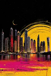 Midjourney generated image using SREF code Glyphfizz: A painting of a city skyline at night with a crescent moon.