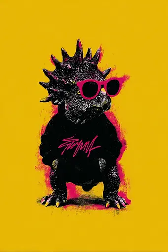 Midjourney generated image using SREF code Glyphfizz: A dinosaur wearing sunglasses on a yellow background.