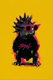 Midjourney generated image using SREF code Glyphfizz: A dinosaur wearing sunglasses on a yellow background.