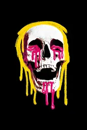 Midjourney generated image using SREF code Glyphfizz: A skull with yellow and pink paint dripping down it's face.