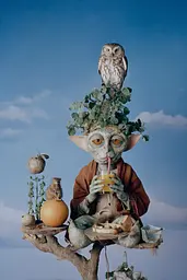 Midjourney generated image using SREF code Hushed Loomlight: A yoda sitting on top of a tree with an owl perched on his head.