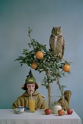 Midjourney generated image using SREF code Hushed Loomlight: A woman sitting at a table with an owl perched on top of a tree.