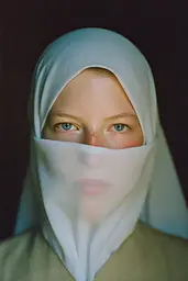 Midjourney generated image using SREF code Hushed Loomlight: A woman with a white veil covering her face.