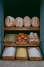 Midjourney generated image using SREF code Hushed Loomlight: A display case filled with lots of different types of bread.