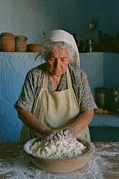 Midjourney generated image using SREF code Hushed Loomlight: A woman in an apron kneading flour in a bowl.