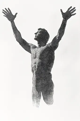 Midjourney generated image using SREF code Cosmic Contours: A black and white drawing of a man with his arms outstretched.