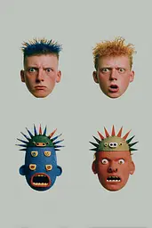 Midjourney generated image using SREF code Hushed Loomlight: A group of four different colored masks with spikes on their heads.