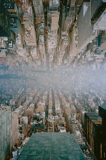 Midjourney generated image using SREF code Hushed Loomlight: A view of a city from the top of a skyscraper.