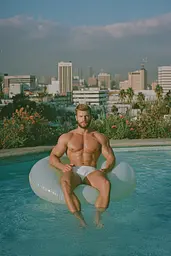 Midjourney generated image using SREF code Hushed Loomlight: A shirtless man sitting on an inflatable ring in a swimming pool.