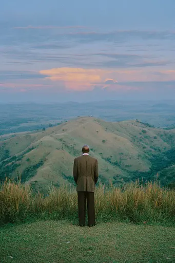 Midjourney generated image using SREF code Hushed Loomlight: A man in a suit standing on top of a hill.