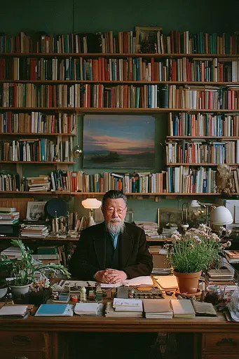 Midjourney generated image using SREF code Hushed Loomlight: A man sitting at a desk in front of a bookcase filled with books.