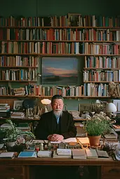 Midjourney generated image using SREF code Hushed Loomlight: A man sitting at a desk in front of a bookcase filled with books.