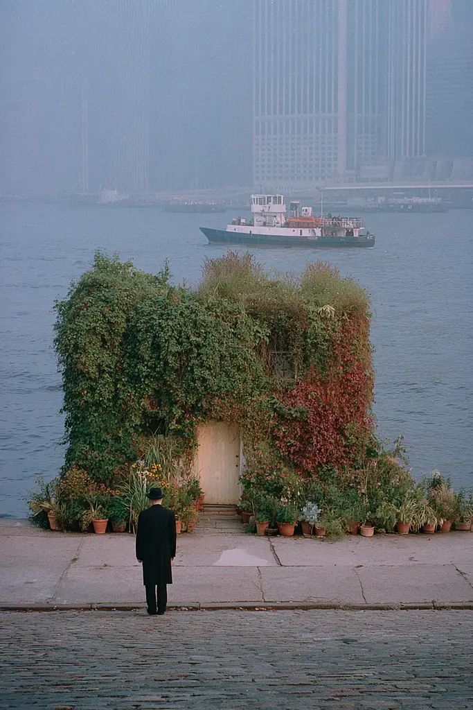 Midjourney generated image using SREF code Hushed Loomlight: A man standing in front of a building covered in ivy.